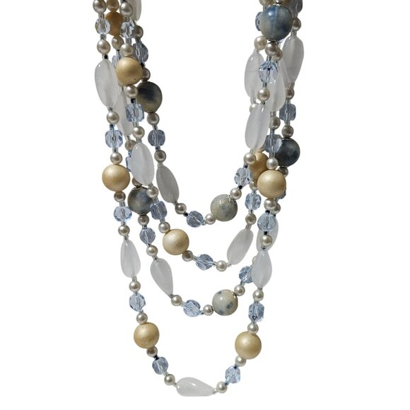 Vintage Faux Pearl Crystal Multi Strand Necklace Frosted Glass Beads  Jewelry - Picture 1 of 5